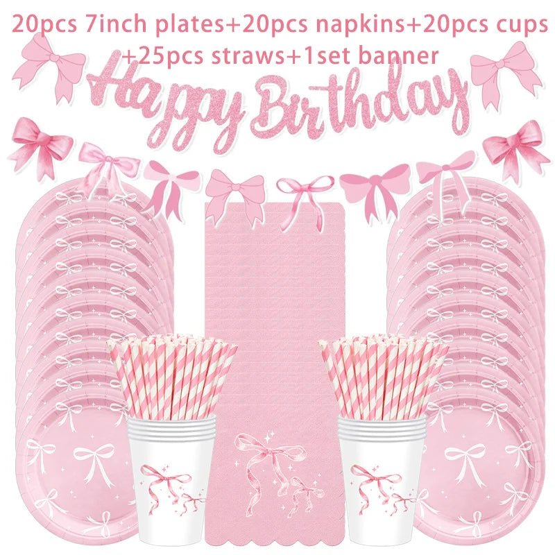 assiettes papier rose serviettes gobelets bannière happy birthday pailles festives enfants femmes anniversaire mariage