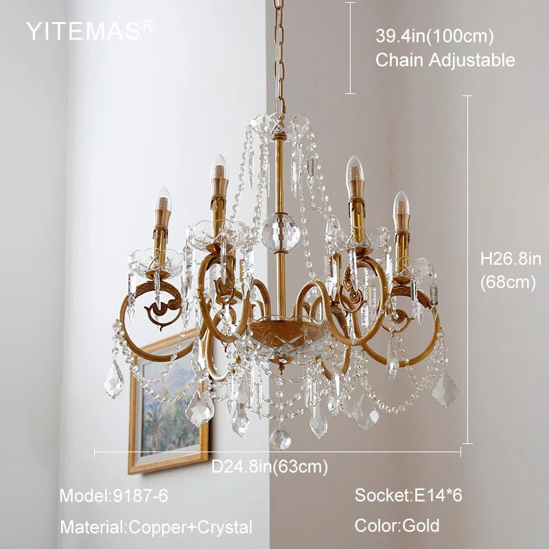 lustre suspendu doré ornements floraux cristal transparent classique ampoules chaîne pendeloques
