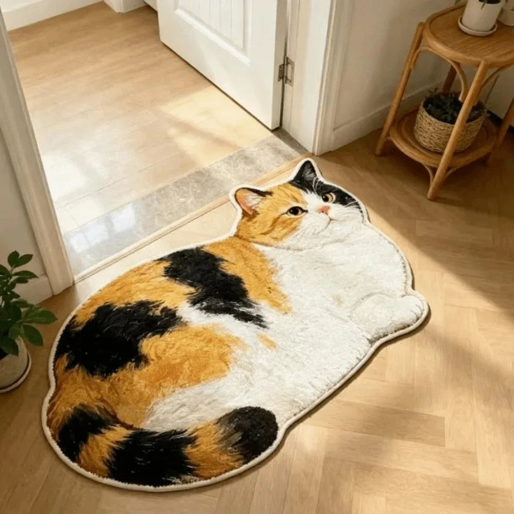 tapis imprimé chat allongé gris beige antidérapant salon salle bain corridor