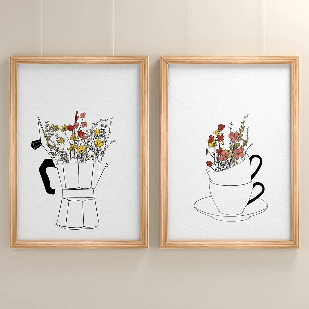 affiches art minimaliste moderne fleurs tasse salon cuisine décoration maison blanc noir