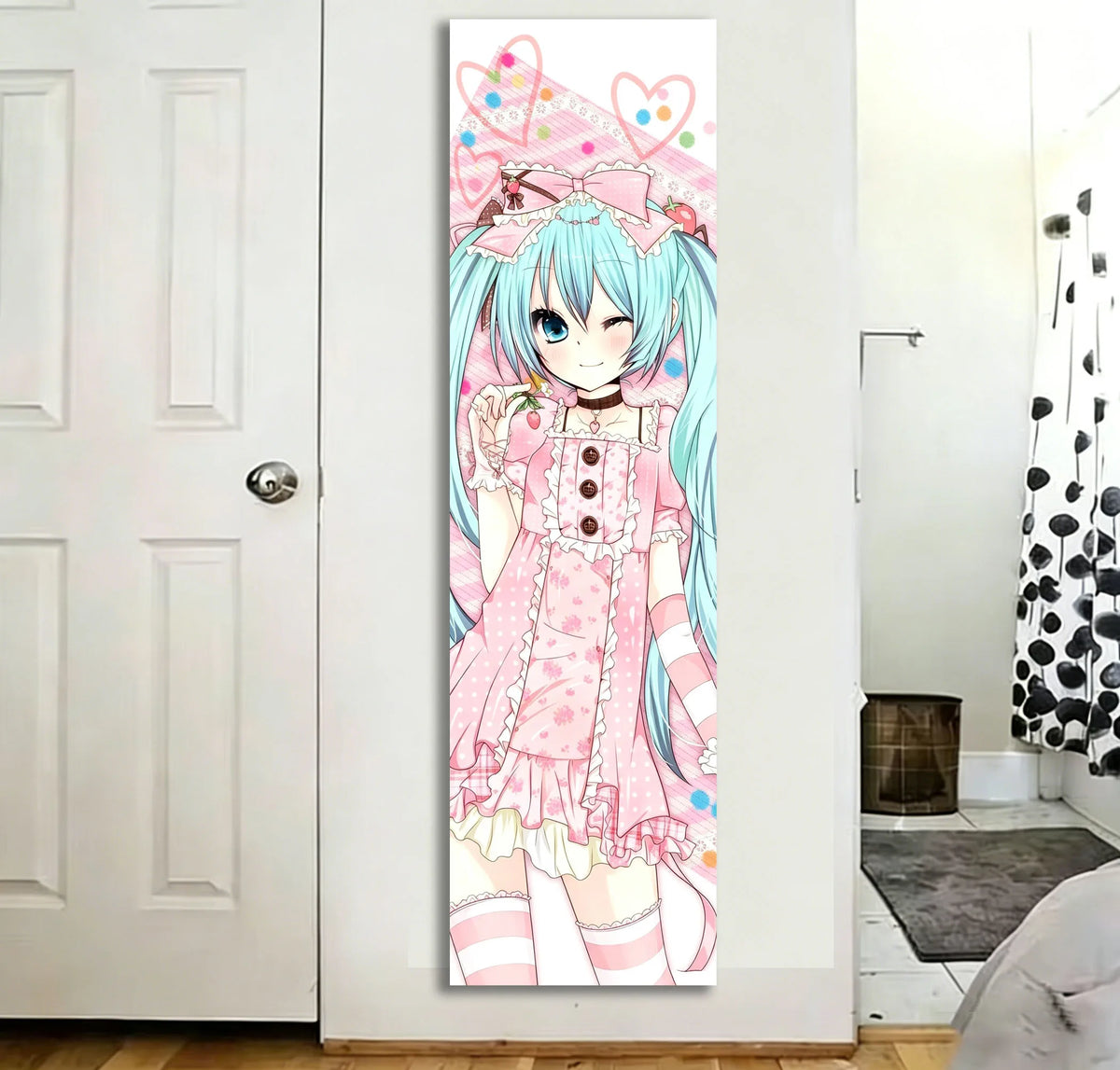 affiche murale anime rose blanche bleue twintails robe pois opaque chambre dortoir