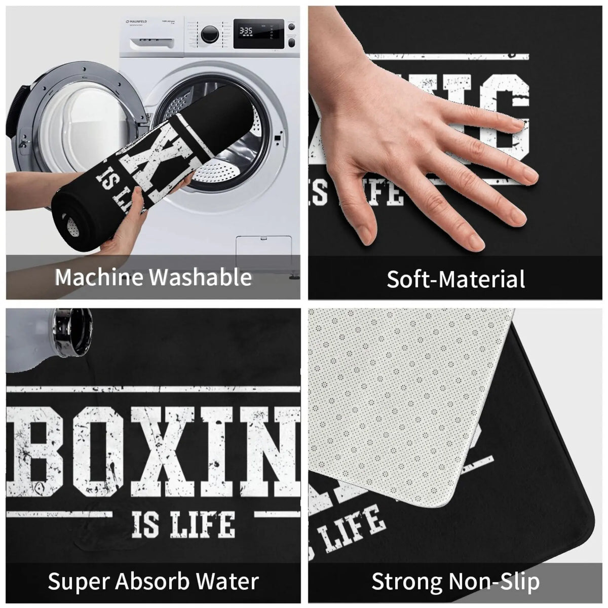 tapis sol noir boxing is life lettres blanches moderne antidérapant polyester 60x90cm