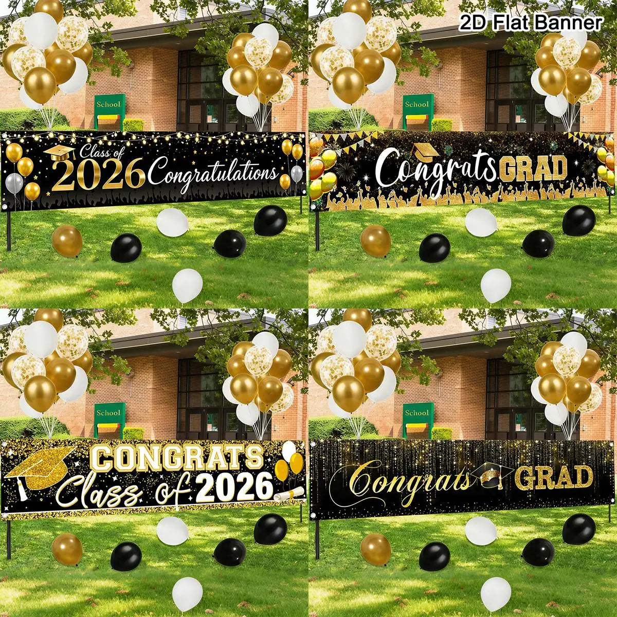 bannière célébration diplômes noir doré confettis guirlande lumineuse clips décoration événement festive