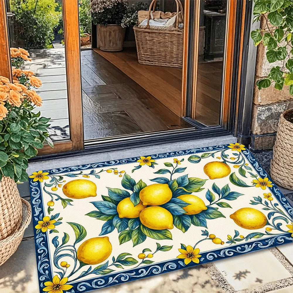 tapis sol antidérapant polyester motif floral citrons fleurs jaunes classique entrée salon chambre