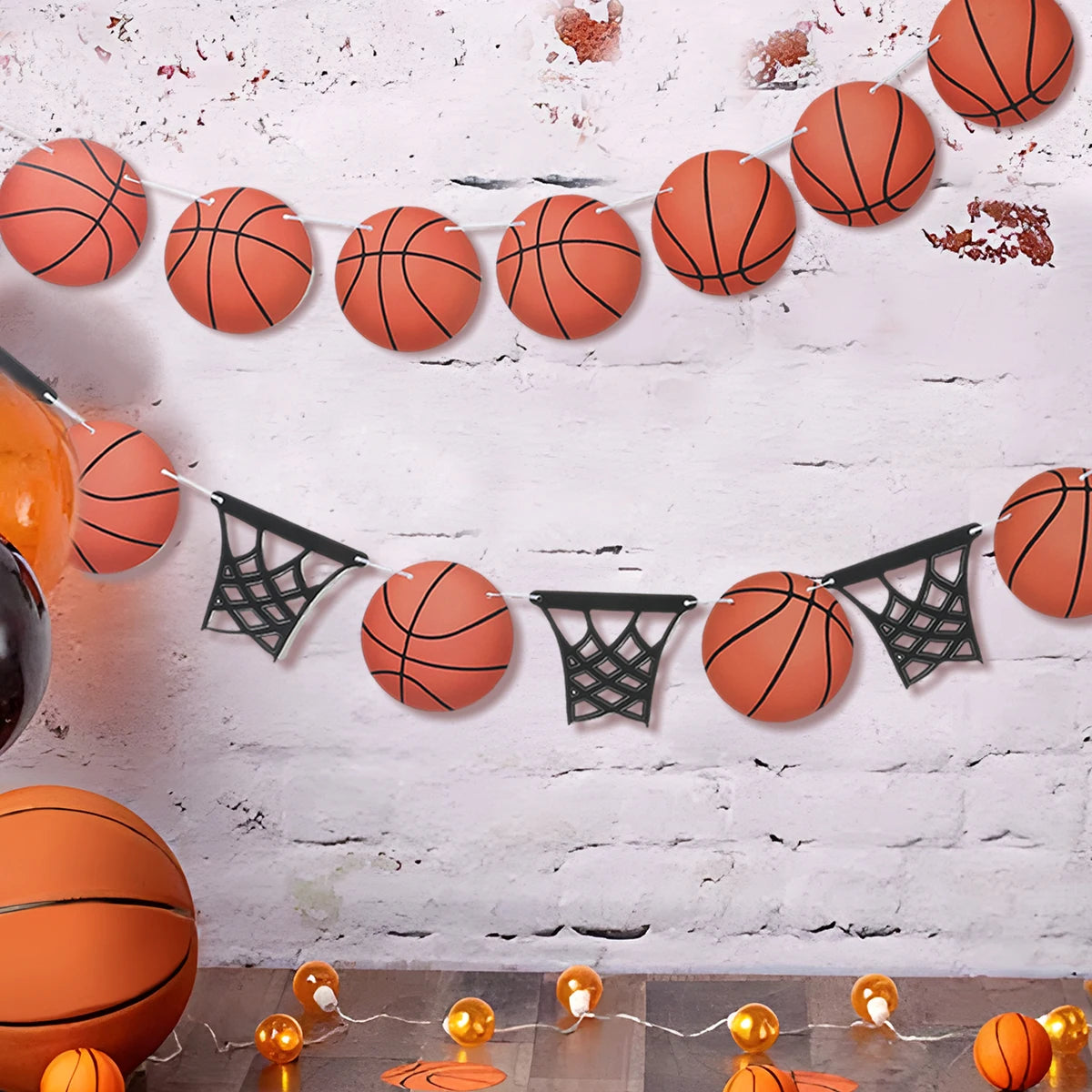 décoration fête anniversaire basket ball assiettes gobelets serviettes guirlande ballon bouteille table orange noir