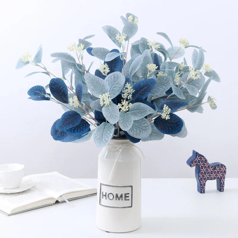 bouquet artificiel feuilles eucalyptus bleu vert rose moderne décoration intérieure mariage anniversaire minimaliste