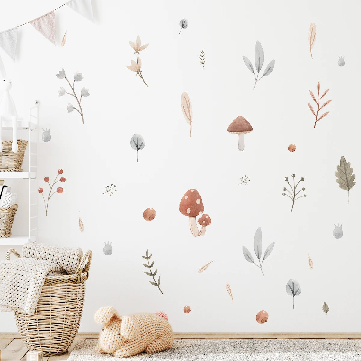 sticker mural dessin animé feuilles champignons fleurs graminées enfants chambre salon DIY