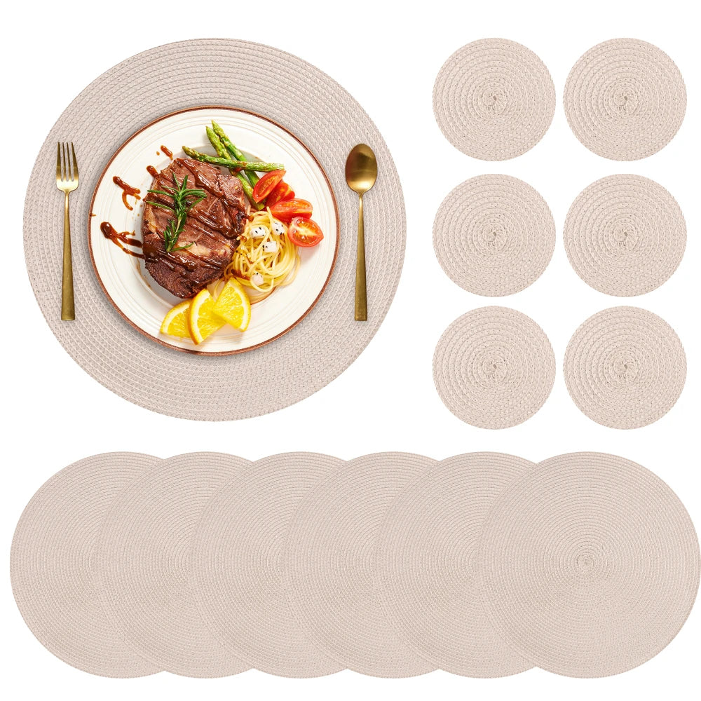 tapis table tissés motifs circulaires beige clair résistants chaleur facile nettoyer classique 34cm pièces