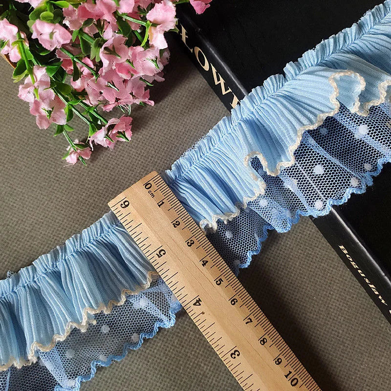 ruban plissé bleu rose jaune rayures dentelle vintage large 5cm polyester nylon occasion partie