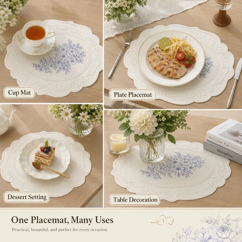 placemat silicone fleurs bleues blanc bordure embossée classique élégant imperméable cuisine table manger