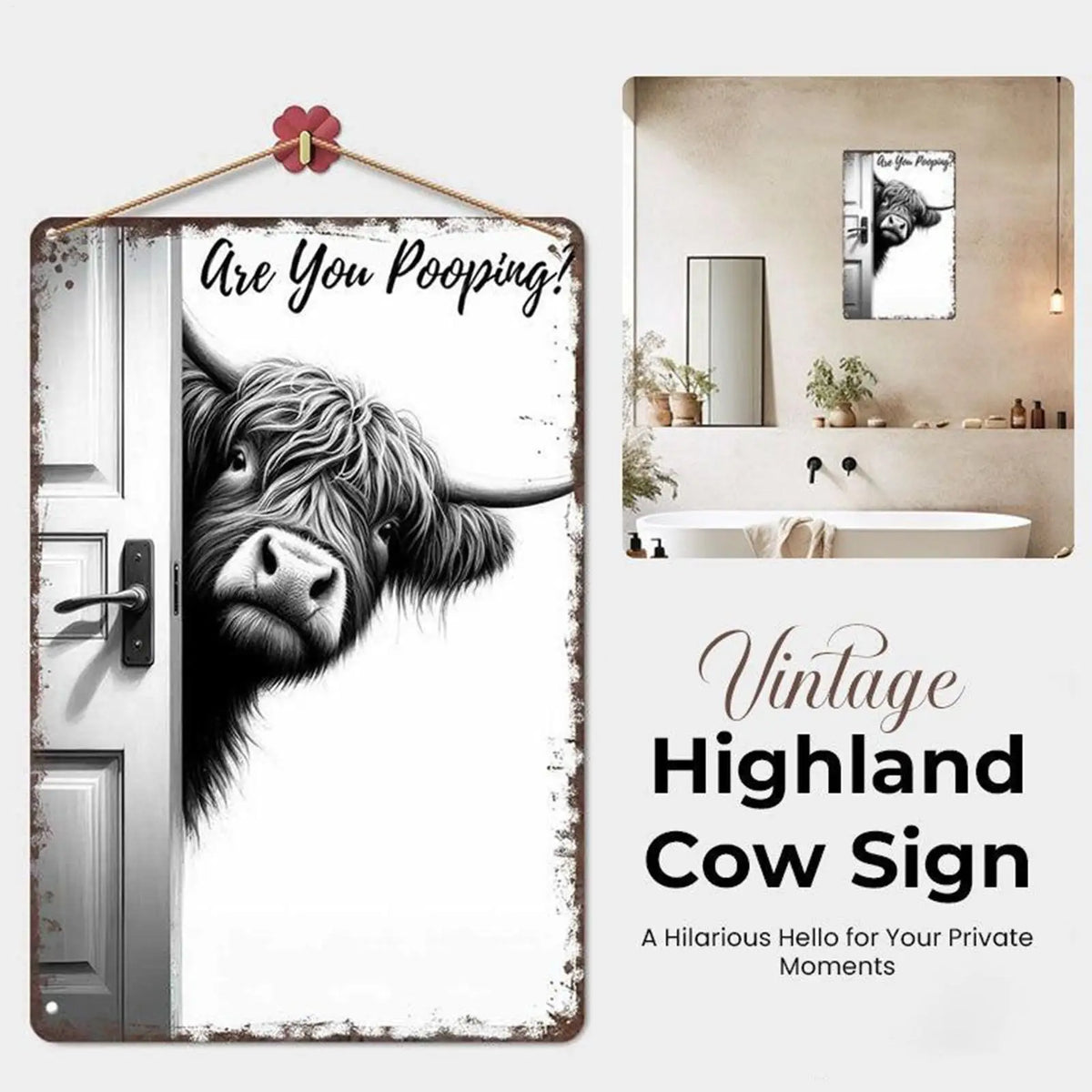 panneau decoratif metal vache highland rustique humoristique fond gris entrouverture toilettess