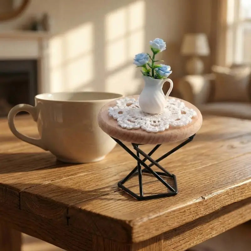 miniature table ronde tapis blanc vase fleurs décoration maison poupée moderne éléments bois naturel