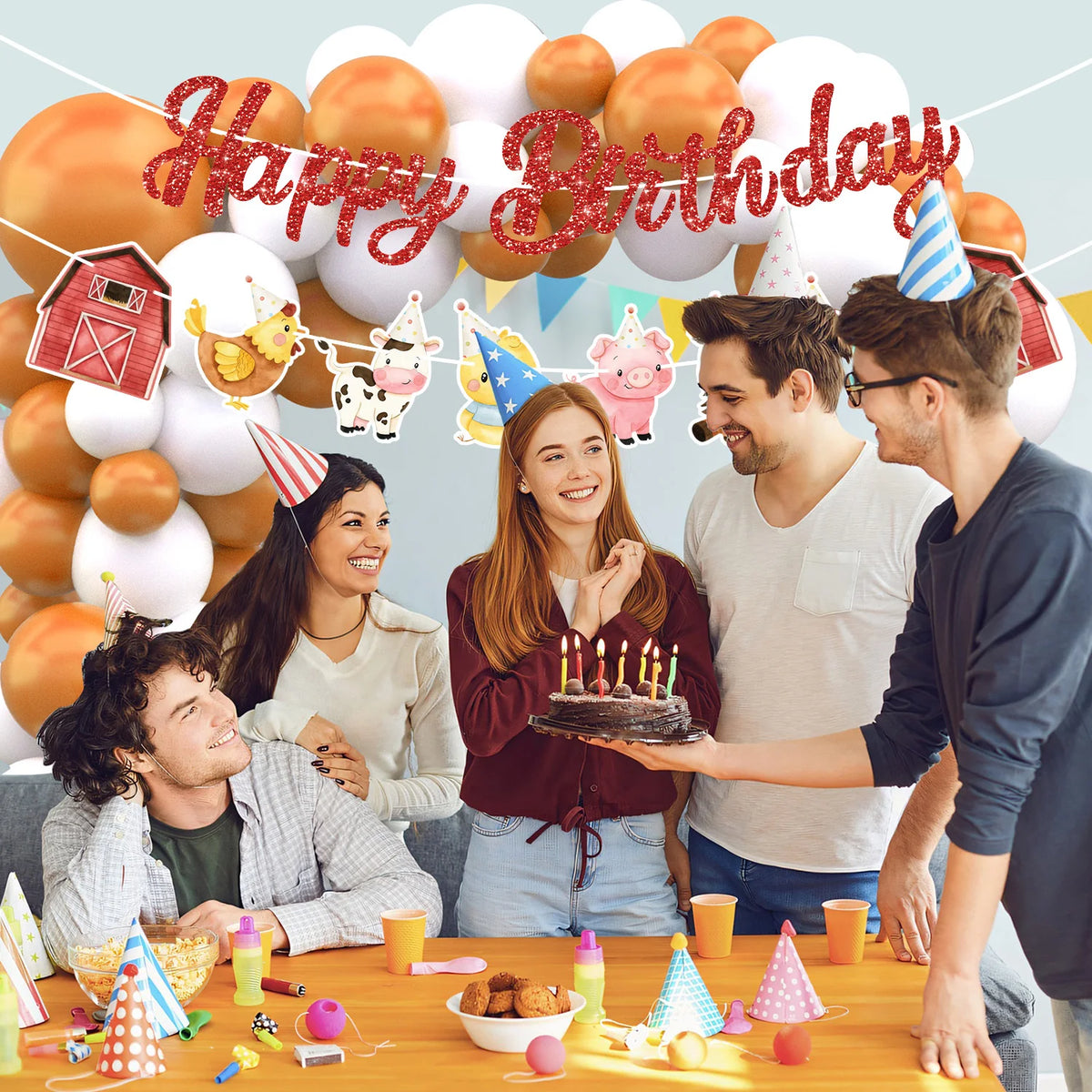 guirlande fête animaux ferme rouge blanc happy birthday poulets vaches grange