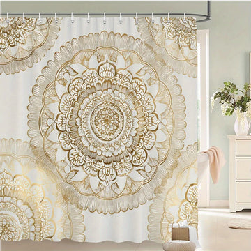 rideau douche boho chic mandala blanc doré motifs floraux anneaux métalliques 180x180cm