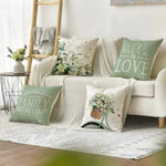 housse coussin carré motif floral vert clair beige rustique polyester lavable glissière invisible 45cm