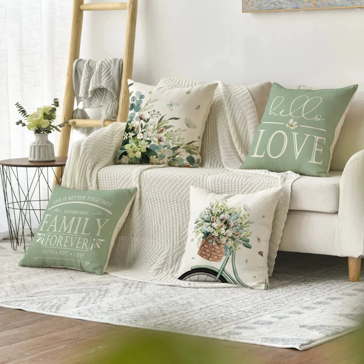housse coussin carré motif floral vert clair beige rustique polyester lavable glissière invisible 45cm