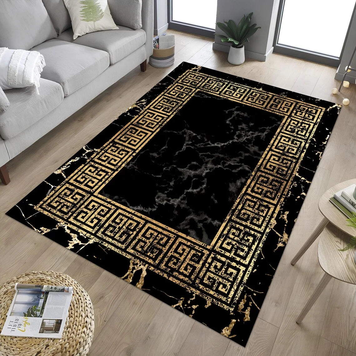 tapis moderne noir or marbre géométrique salon chambre antidérapant polyester
