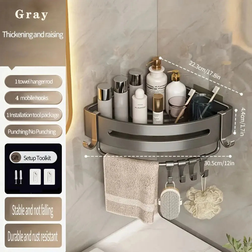 étagère murale triangulaire salle bain gris métal crochets rangement douche moderne autocollante
