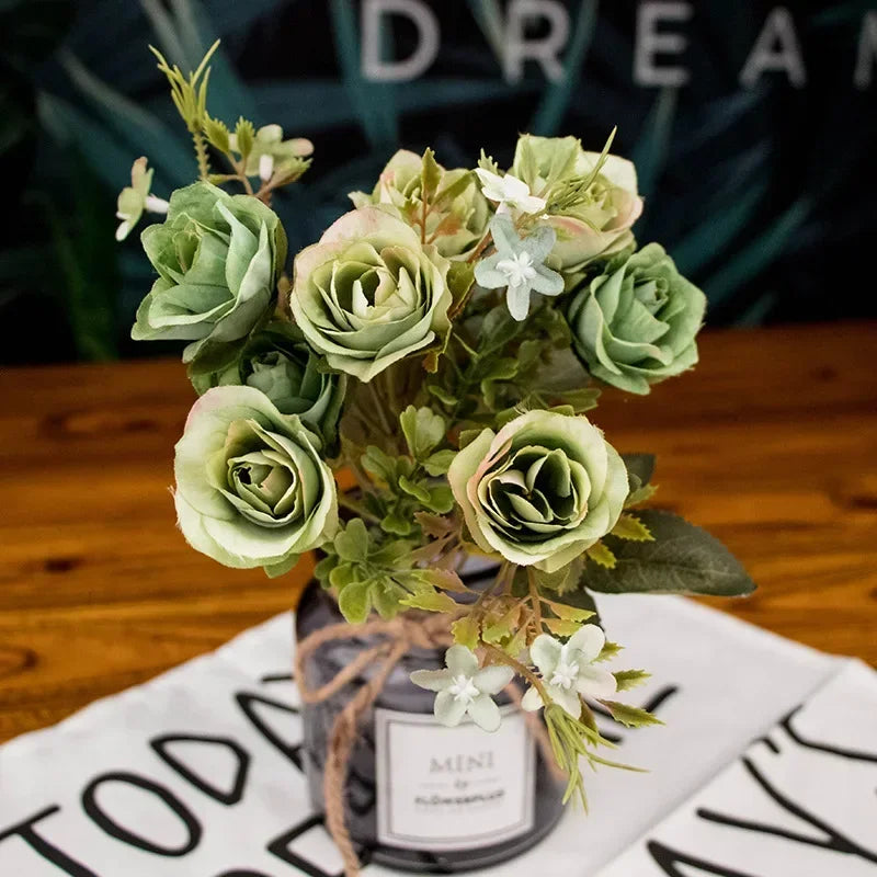 décoration mariage bouquet fleurs artificielles soie vertes blanches intérieur rustique naturel