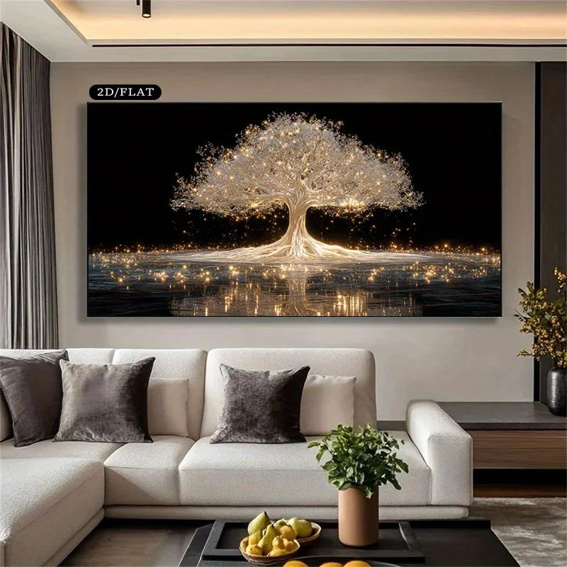 toile d'art contemporaine abstraite arbre lumineux fond noir moderne décoration chambre minimaliste impression toile