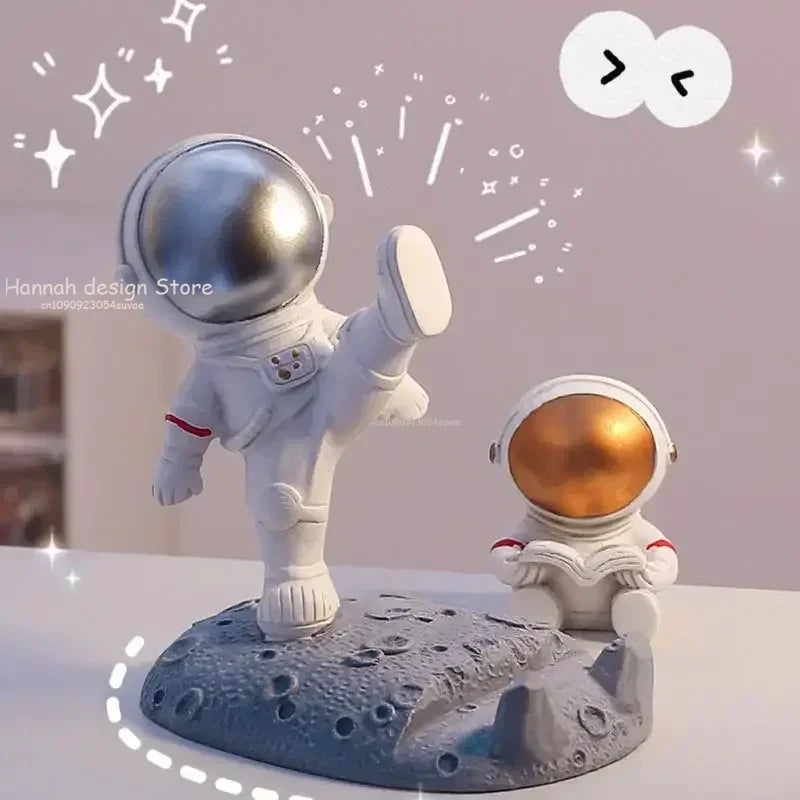 support téléphone portable astronautes décoration résine hand painted blanc gris doré argente