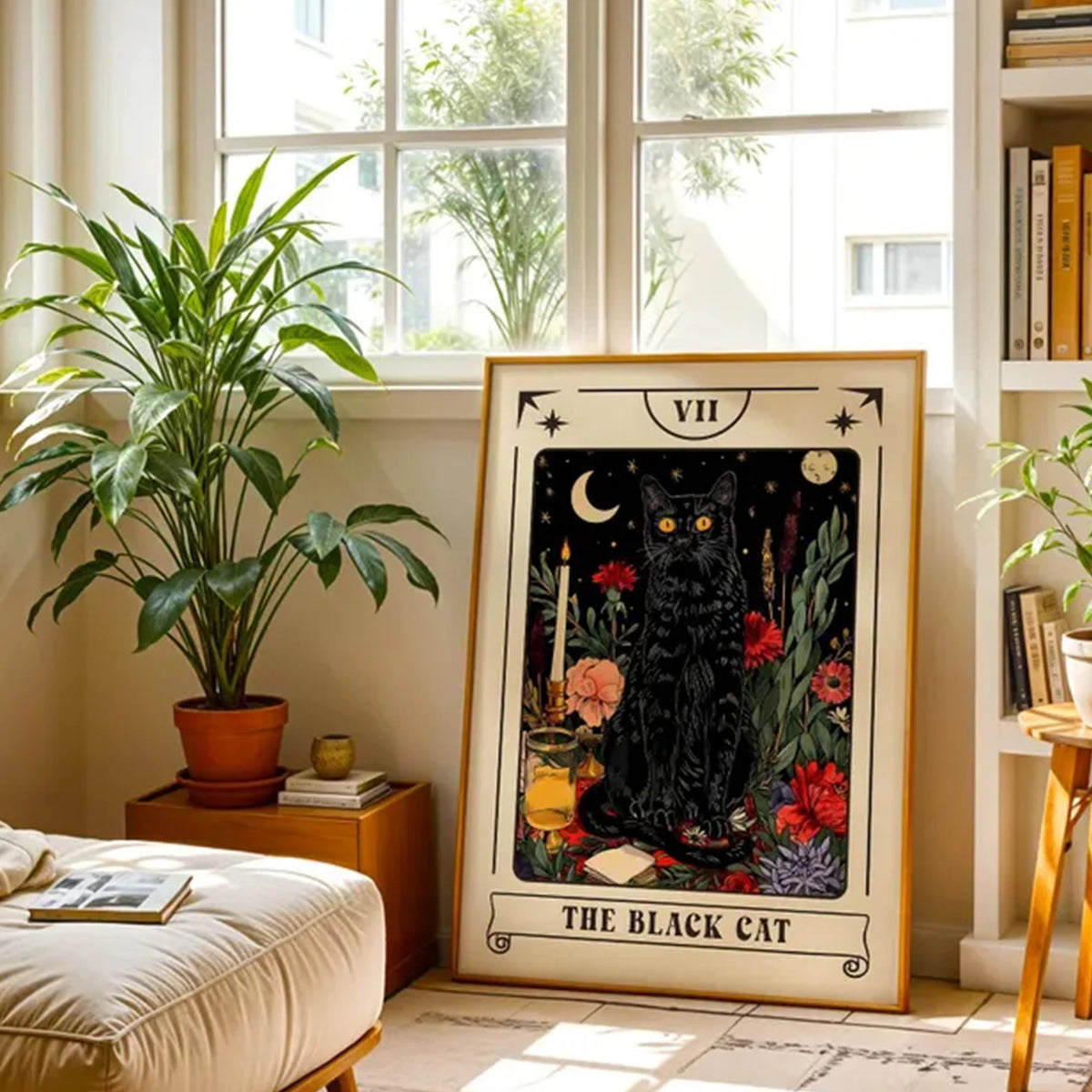 affiche murale tarot moderne nordique chat noir fleurs lunes étoiles décoration chambre salon