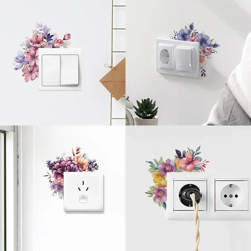 interrupteur mural adhésif fleurs colorées moderne décoration intérieure stickers pvc blanc simple flat