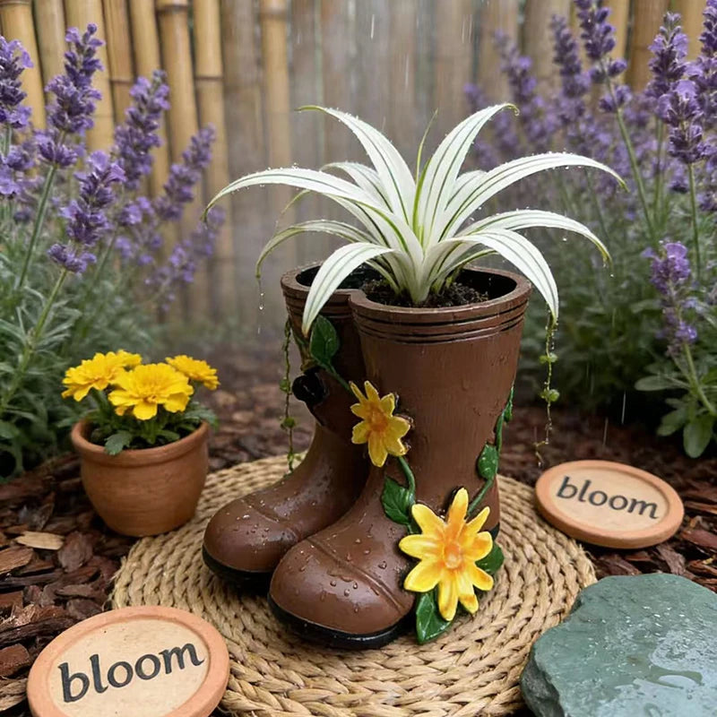 pots fleurs forme bottes pluie marron jaune vert relief rustique decoratif plantes verteextérieur
