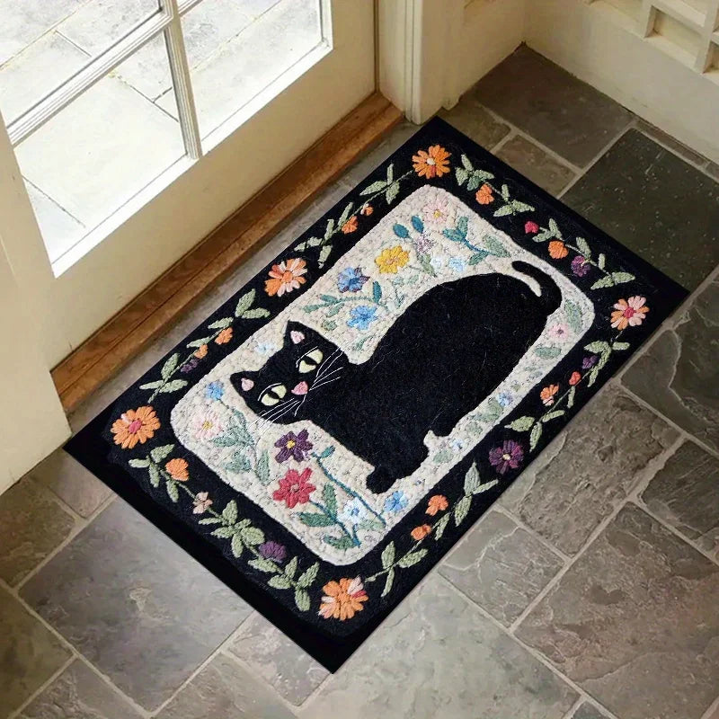 tapis moderne motif chats floral noir blanc orange dimension 30x50cm 40x60cm