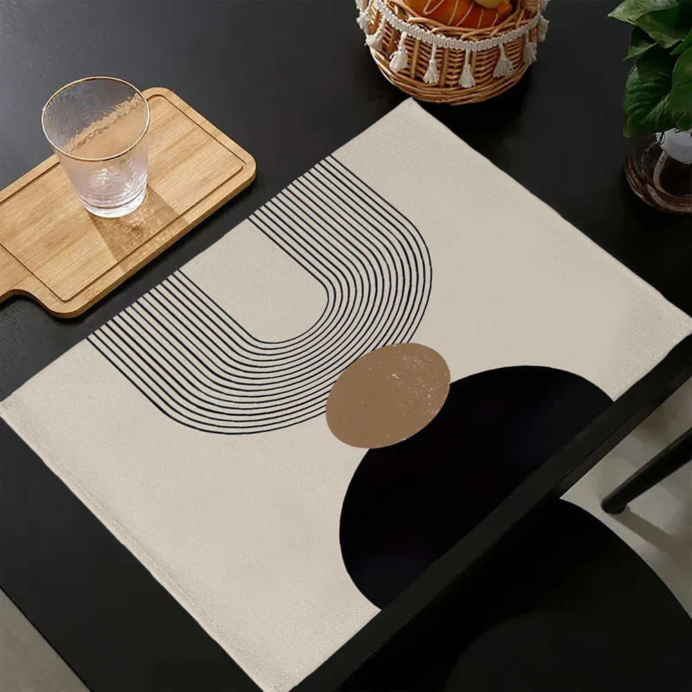 tapis table moderne minimaliste beige noir marron clair lignes cercles 30x45cm polyestere lin