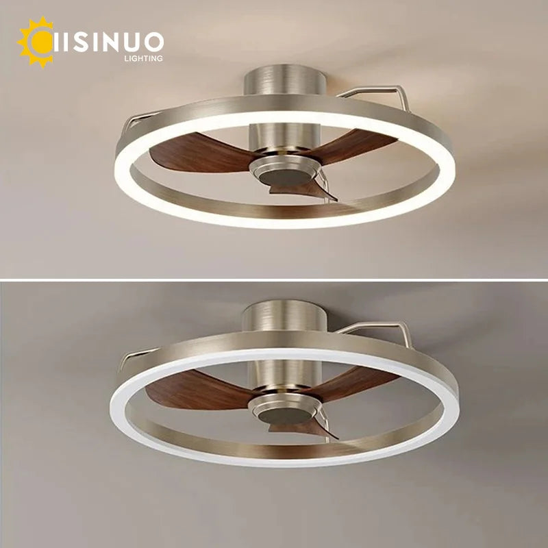 ventilateur lampe led moderne argenté bois foncé vitesses télécommande infinite dimming
