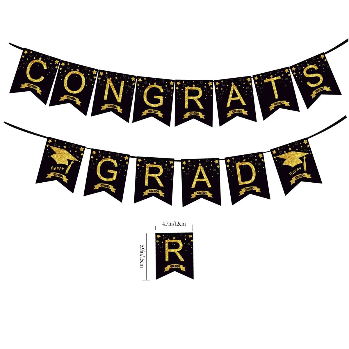 guirlande décoration graduation diplômes chapeaux congrats grad proud class 2026 doré bleu noir élégante