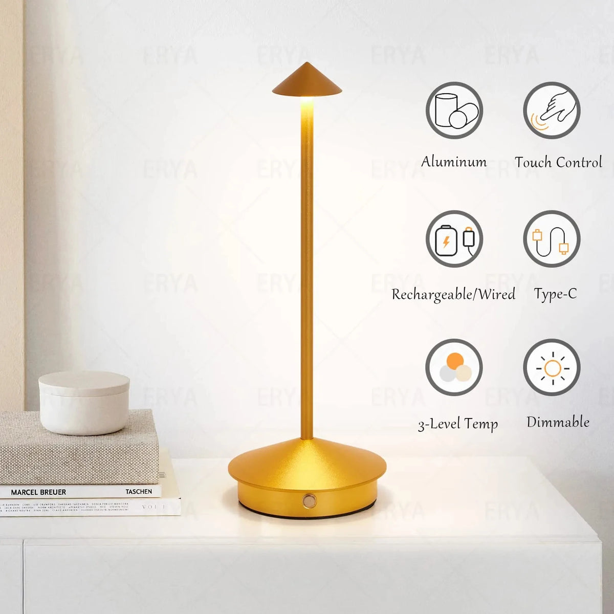 lampe table or blanc noir interrupteur tactile charge type base antidérapante moderne