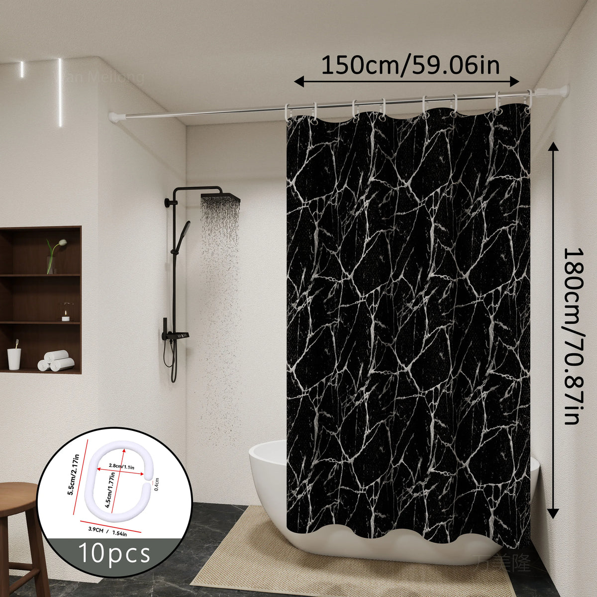 rideau douche moderne noir marbre opalescent respectueux environnement 120cm 180cm