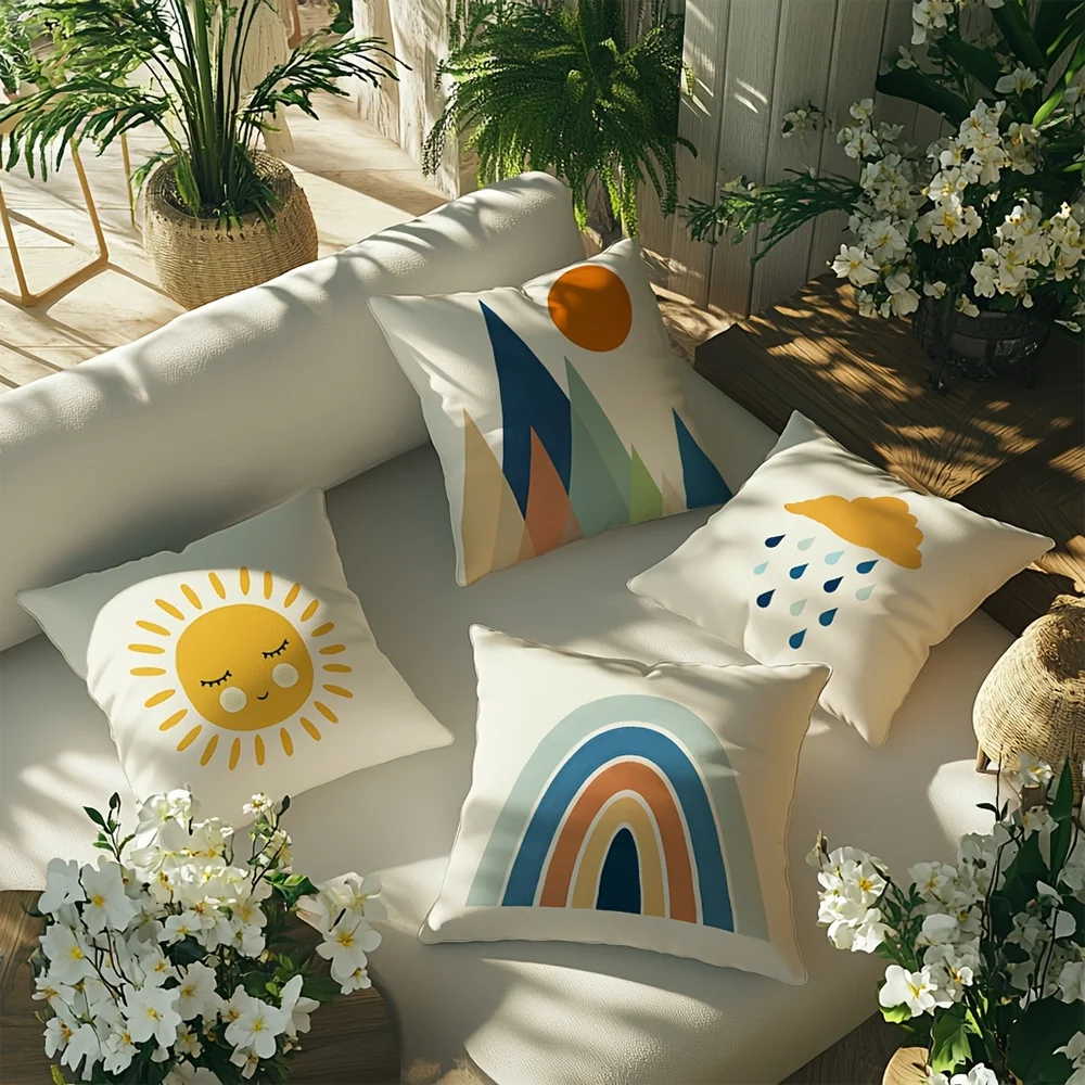 coussin moderne arc ciel soleil souriant nuages montagnes décoration chambre blanche jaune bleu orange