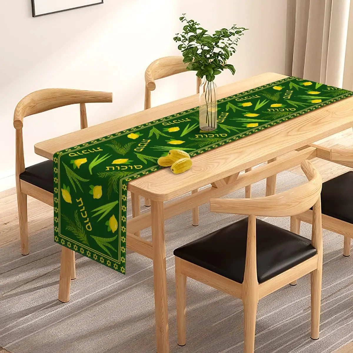 tableau chemin table lin motif citron feuille étoile hébreu graphique traditionnel vert foncé jaune
