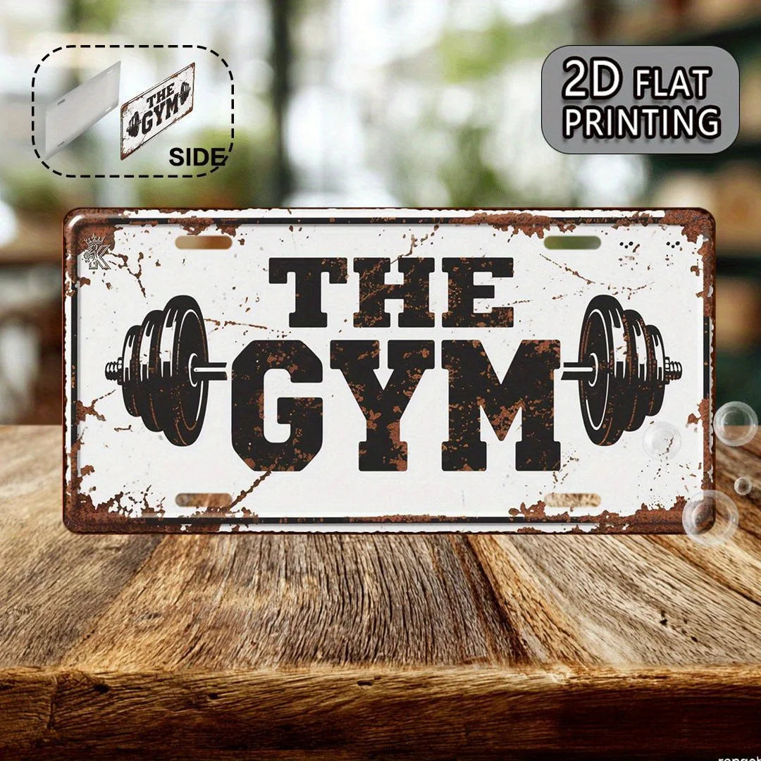 décoration murale vintage plaque THE GYM haltères blanc noir rustique 30cm 15cm aluminium