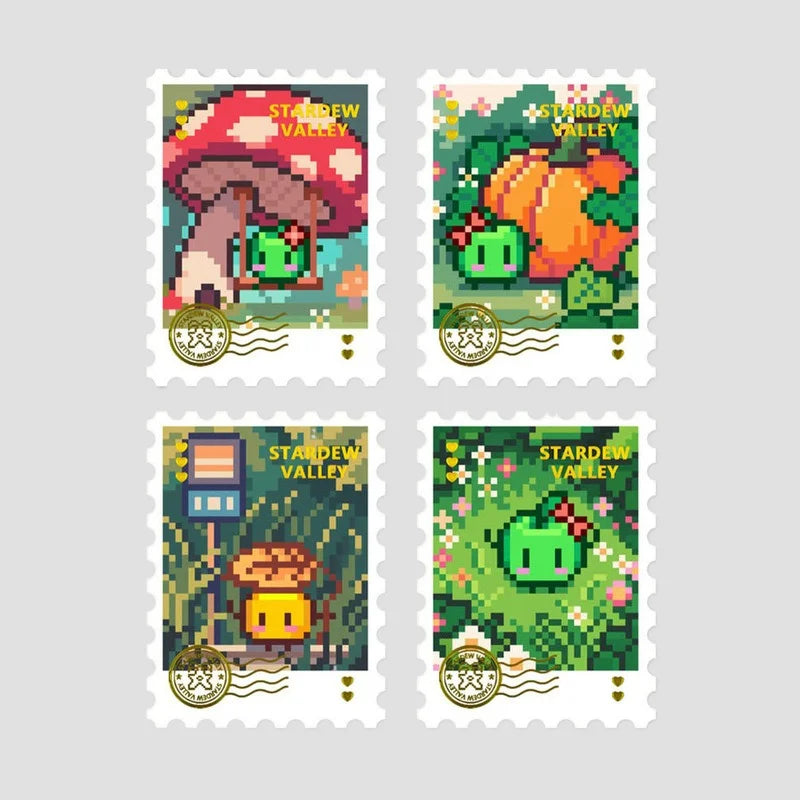 timbres stardew valley pixel art champignons fruits rétro collection papier couleur verte rouge jaune