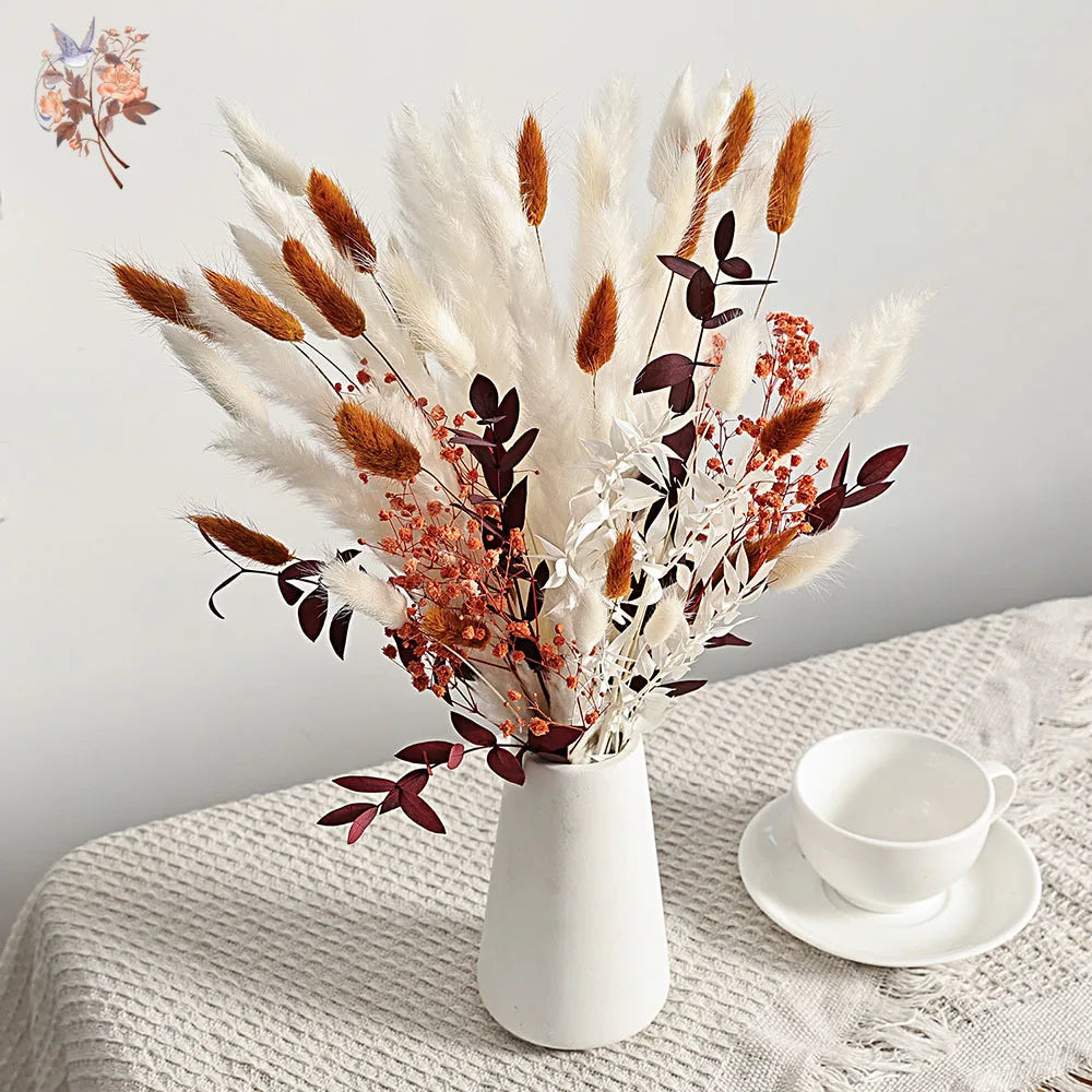 bouquet fleurs séchées naturelles blanches oranges brunes plumes feuilles anniversaire mariage decoration