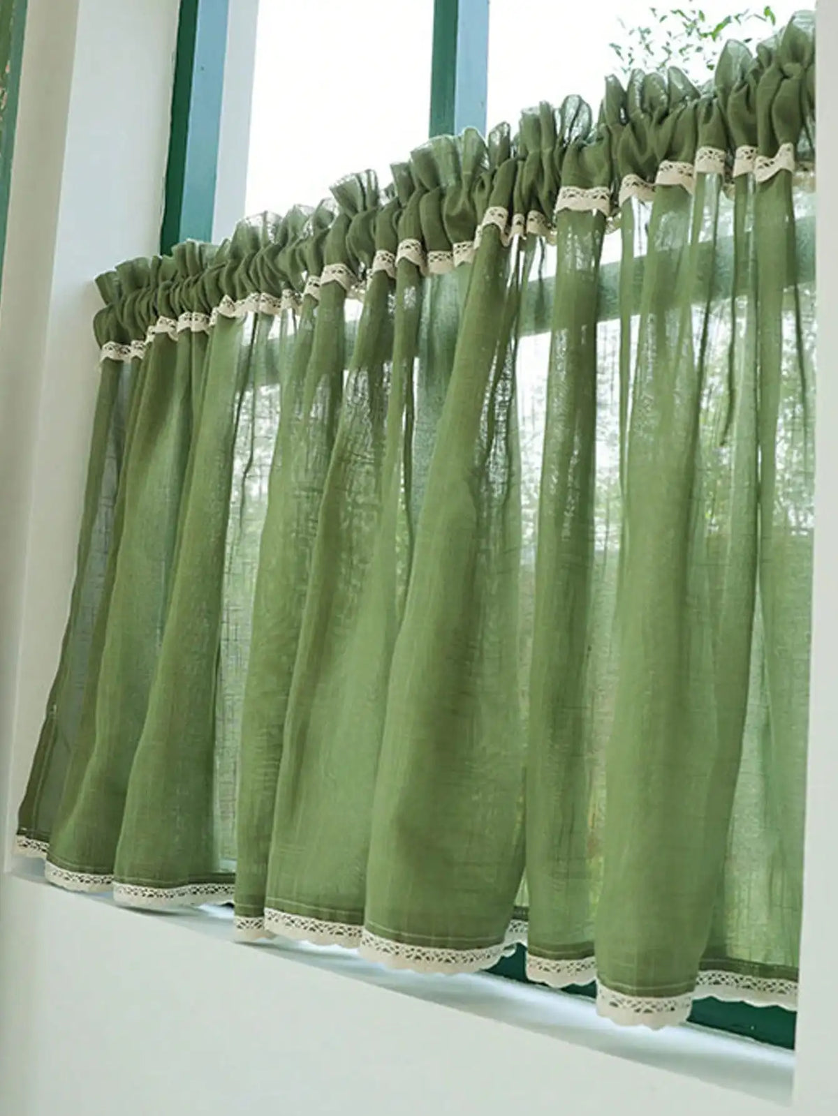 rideau vert olive semi transparent classique texture rugueuse polyester petite fenêtre filtration lumière