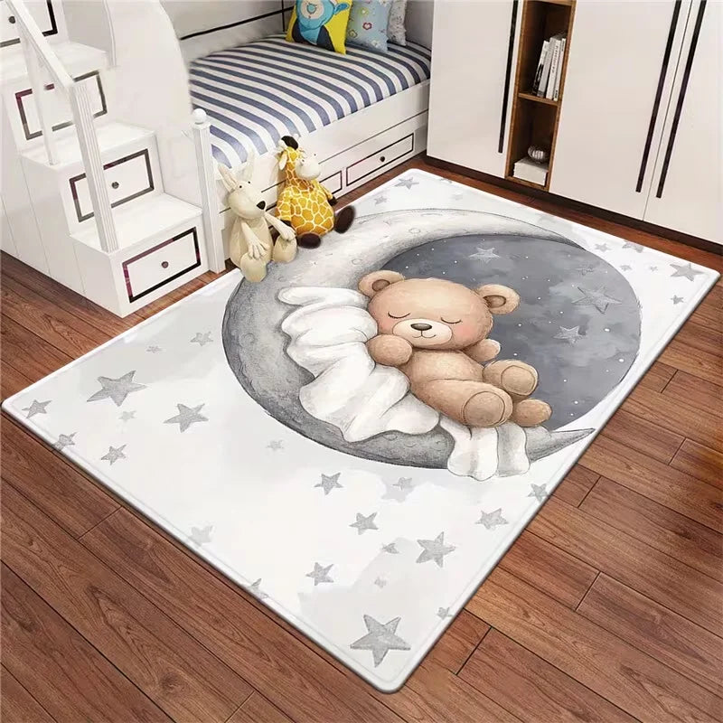 tapis ours dormir lune moderne dessin animé enfant blanc bleu beige