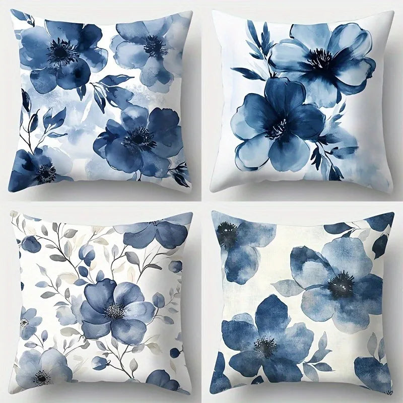 taies d'oreiller aquarelle fleurs bleues feuilles vertes moderne 45x45cm polyester peacheskin zip closure chambre