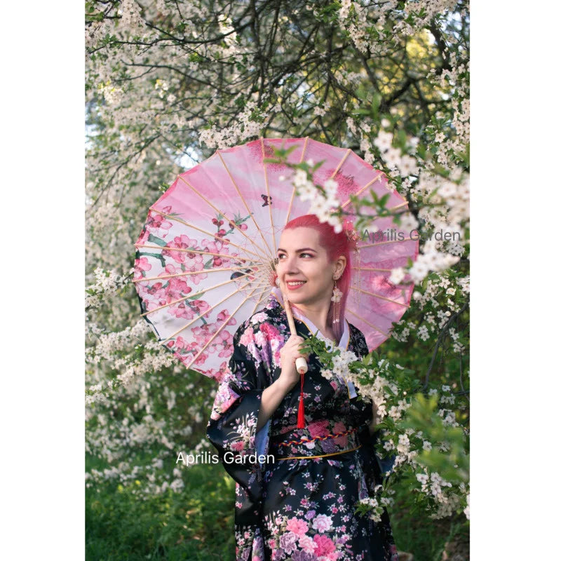 parapluie traditionnel japonais soie fleurs cerisier motif floral poignée bois ancien