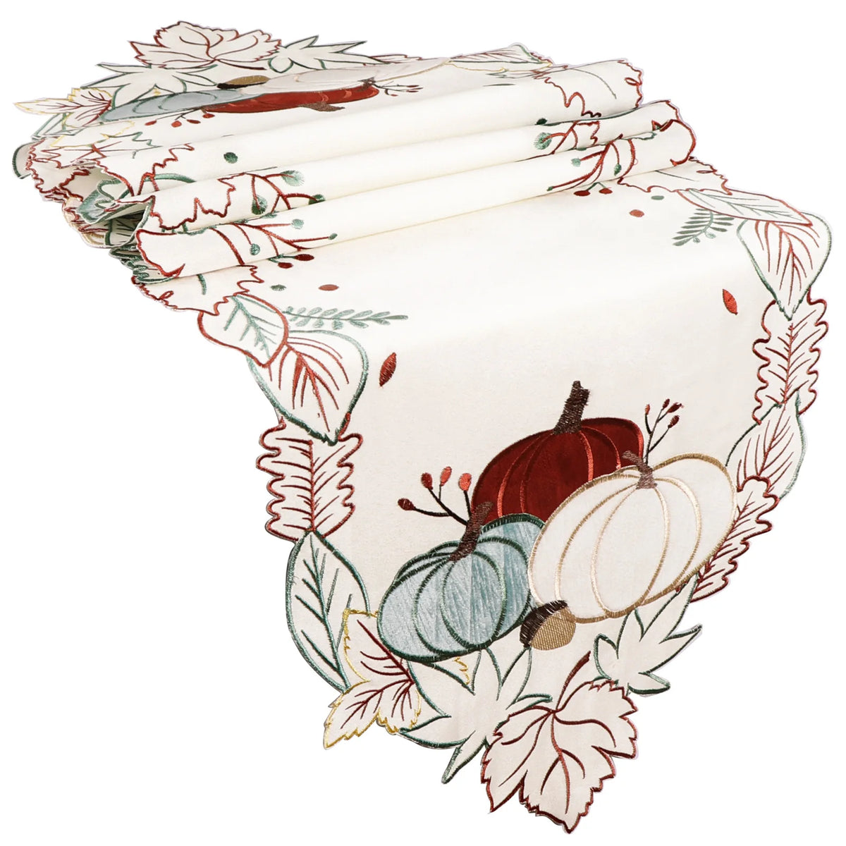 chemin table automne citrouilles feuilles baies blanc rouge vert beige festive polyester
