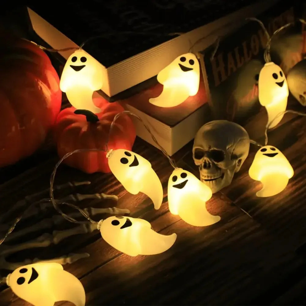 guirlande lumineuse fantômes souriants halloween blanc jaune 10 led 3m decoration chambre maison jardin