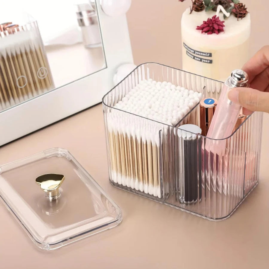organisateur cosmétiques moderne transparent compartiments rangement coton tiges cotons hydrophiles pinceaux maquillage élégant multifonctionalitéreuse