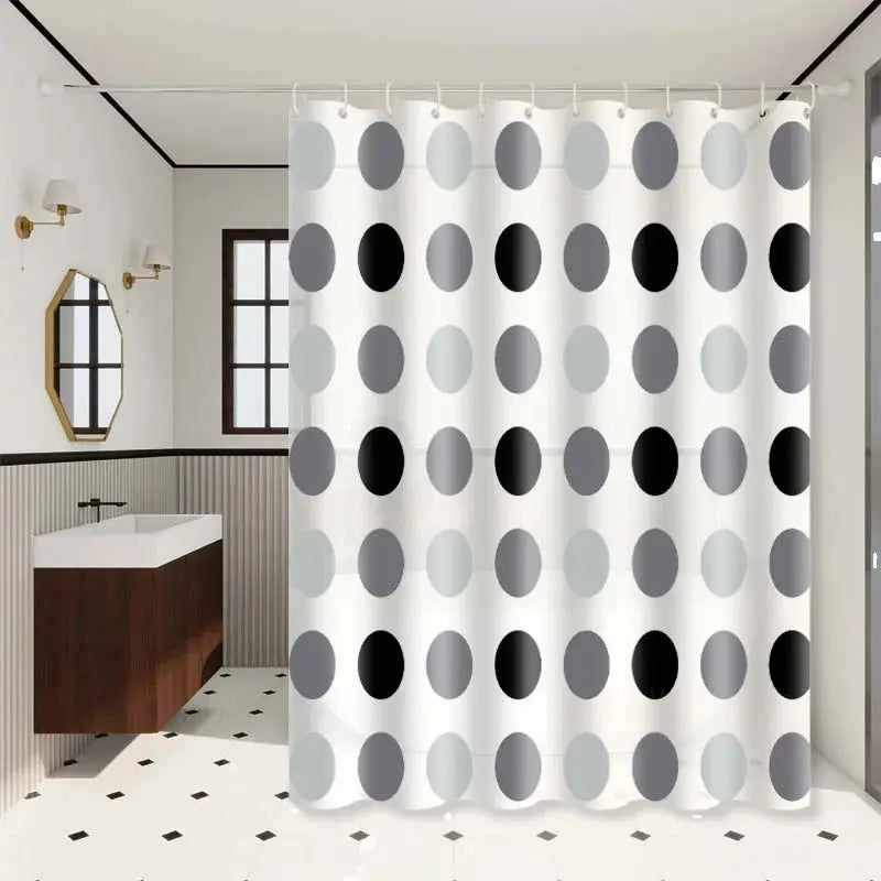 rideau douche moderne cercles noirs gris fond blanc opacité respectueux environnement