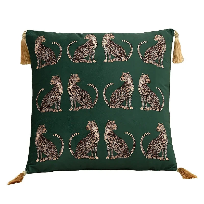 taie d'oreiller carrée léopard doré vintage tassel adhésif décorative verte noire polyester coton 45x45cm