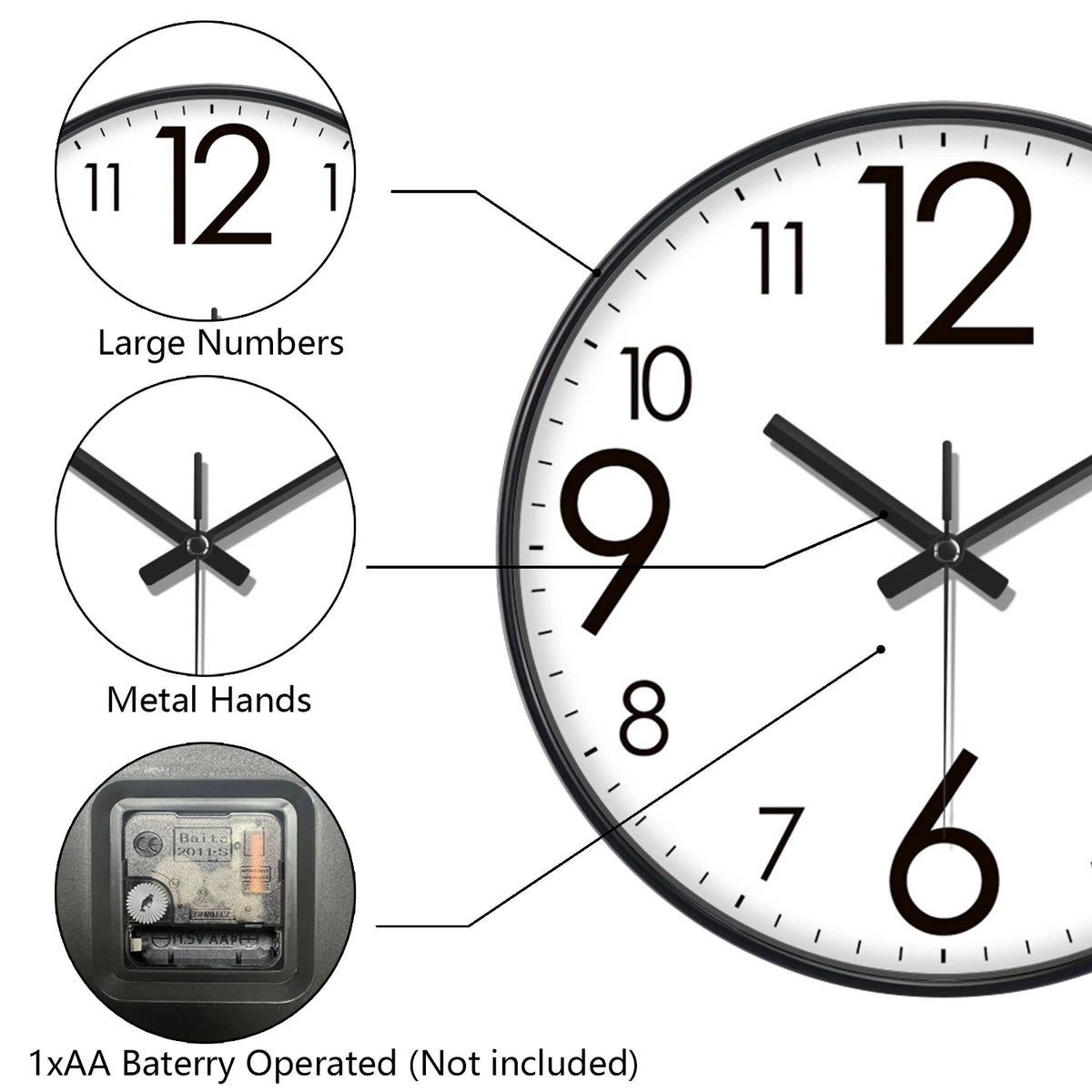 horloge murale quartz aiguille noir blanc simple facile lecture minimaliste sans tic tac moderne