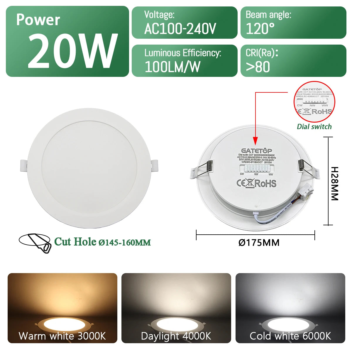 Spot LED Blanc Noir 75mm 90mm 120° 38° 90° interrupteur CCT moderne